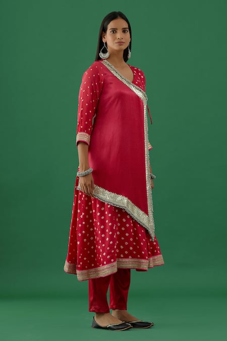 Buy 5elements Pink Modal Satin Woven Bandhani V Neck Pattern Anarkali Set With Pant Online at Aza Fashions Buy_5elements_Pink Modal Satin Woven Bandhani V Neck Pattern Anarkali Set With Pant _Online_at_Aza_Fashions