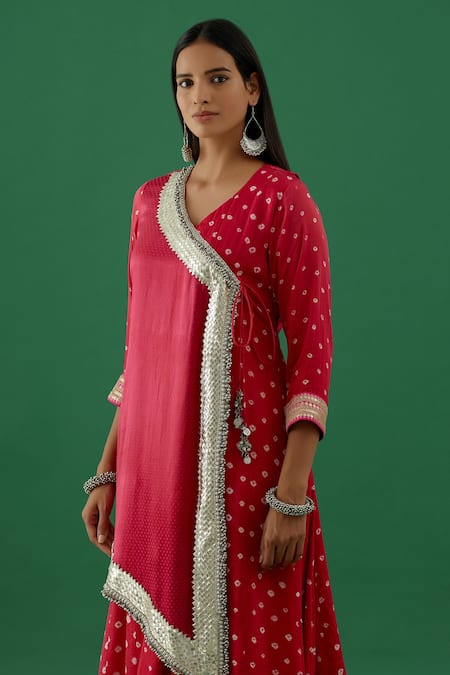 Shop 5elements Pink Modal Satin Woven Bandhani V Neck Pattern Anarkali Set With Pant Online at Aza Fashions Shop_5elements_Pink Modal Satin Woven Bandhani V Neck Pattern Anarkali Set With Pant _Online_at_Aza_Fashions
