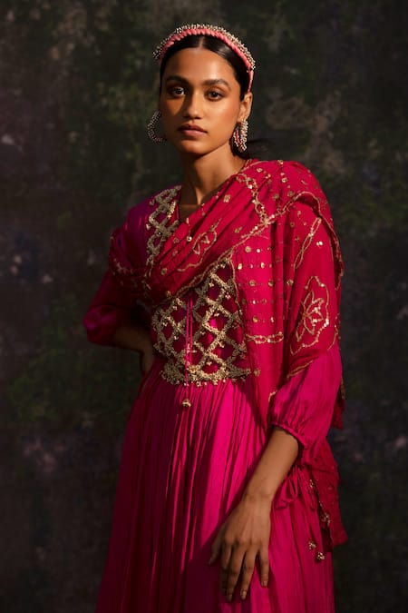 5elements_Pink Silk Embroidery Pearls Round Neck Bodice Anarkali Set _Online_at_Aza_Fashions