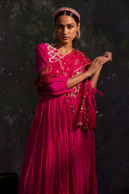 Buy_5elements_Pink Silk Embroidery Pearls Round Neck Bodice Anarkali Set _Online_at_Aza_Fashions