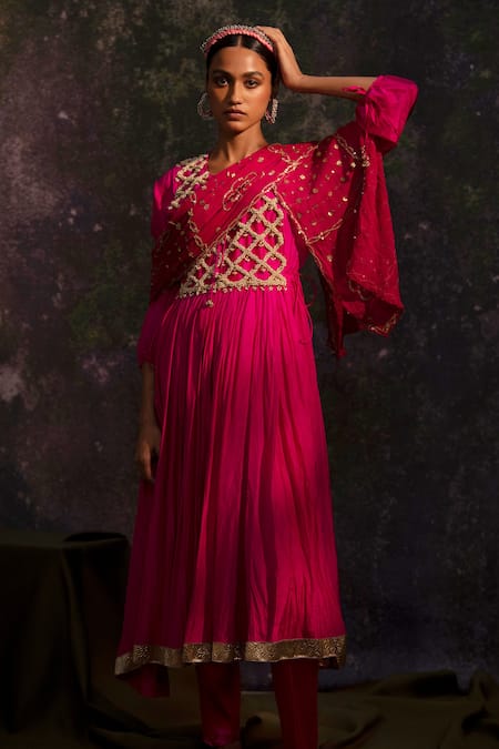 Shop_5elements_Pink Silk Embroidery Pearls Round Neck Bodice Anarkali Set _Online_at_Aza_Fashions