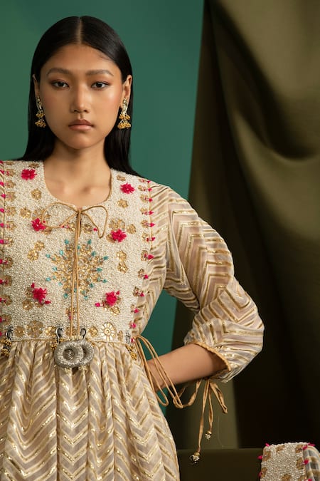 5elements Gold Silk Embroidery Chevron Round Neck Pattern Anarkali With Pant Online at Aza Fashions 5elements_Gold Silk Embroidery Chevron Round Neck Pattern Anarkali With Pant _Online_at_Aza_Fashions