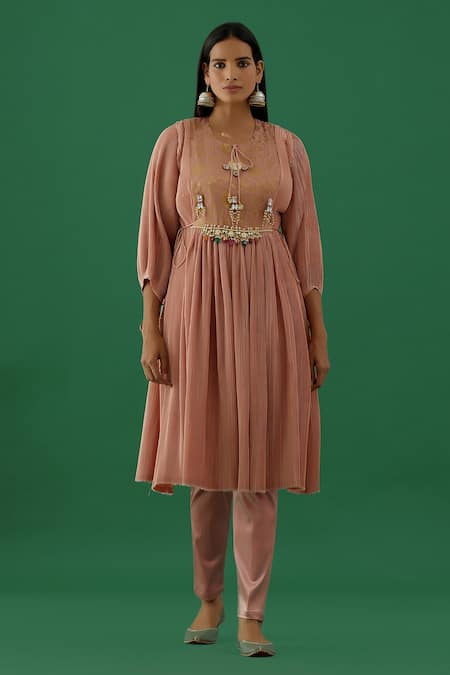 5elements Pink Polyester Mix Embellished Silver Floral Brocade Yoke Anarkali With Pant Online at Aza Fashions 5elements_Pink Polyester Mix Embellished Silver Floral Brocade Yoke Anarkali With Pant _Online_at_Aza_Fashions