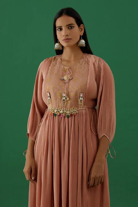 Buy 5elements Pink Polyester Mix Embellished Silver Floral Brocade Yoke Anarkali With Pant Online at Aza Fashions Buy_5elements_Pink Polyester Mix Embellished Silver Floral Brocade Yoke Anarkali With Pant _Online_at_Aza_Fashions