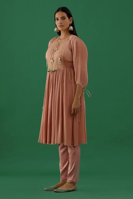 Shop 5elements Pink Polyester Mix Embellished Silver Floral Brocade Yoke Anarkali With Pant Online at Aza Fashions Shop_5elements_Pink Polyester Mix Embellished Silver Floral Brocade Yoke Anarkali With Pant _Online_at_Aza_Fashions