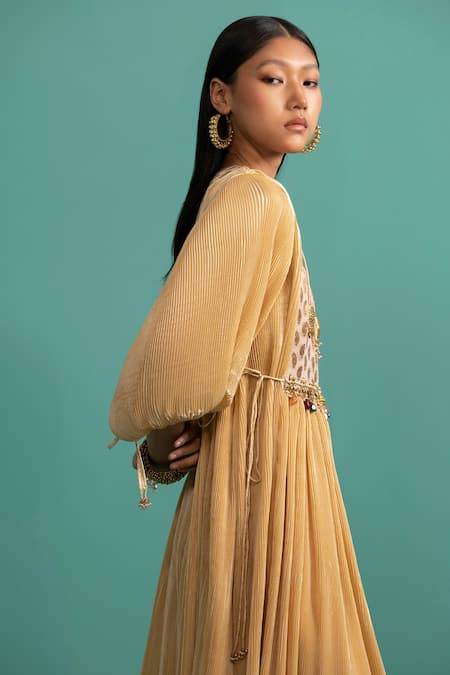 5elements Beige Polyester Mix Embellished Balloon Sleeve Brocade Yoke Anarkali With Pant Online at Aza Fashions 5elements_Beige Polyester Mix Embellished Balloon Sleeve Brocade Yoke Anarkali With Pant _Online_at_Aza_Fashions