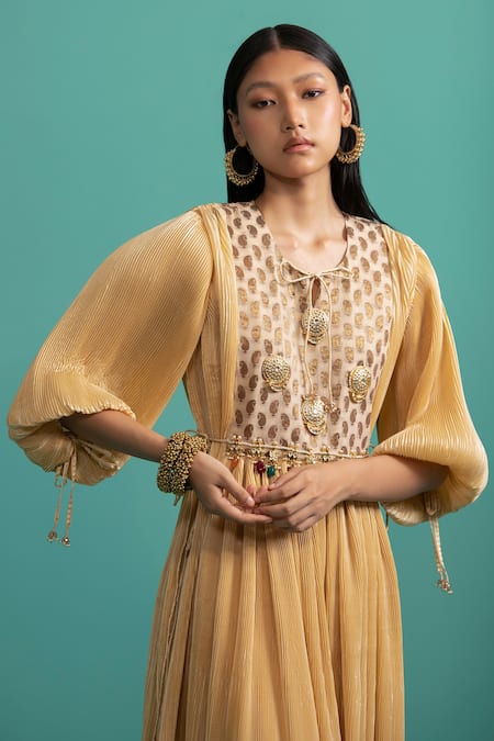 Buy 5elements Beige Polyester Mix Embellished Balloon Sleeve Brocade Yoke Anarkali With Pant Online at Aza Fashions Buy_5elements_Beige Polyester Mix Embellished Balloon Sleeve Brocade Yoke Anarkali With Pant _Online_at_Aza_Fashions