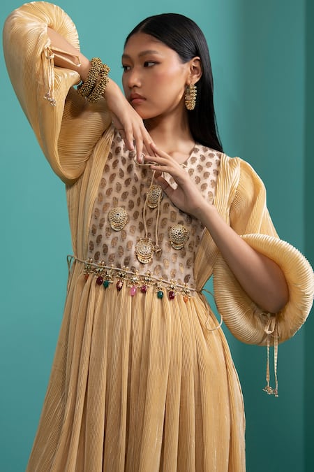 Shop 5elements Beige Polyester Mix Embellished Balloon Sleeve Brocade Yoke Anarkali With Pant Online at Aza Fashions Shop_5elements_Beige Polyester Mix Embellished Balloon Sleeve Brocade Yoke Anarkali With Pant _Online_at_Aza_Fashions
