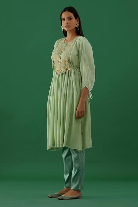 Shop 5elements Blue Anarkali Pleated Polyester Mix And Silk Yoke Embroidered & Pant Set Online at Aza Fashions Shop_5elements_Blue Anarkali Pleated Polyester Mix And Silk Yoke Embroidered & Pant Set _Online_at_Aza_Fashions