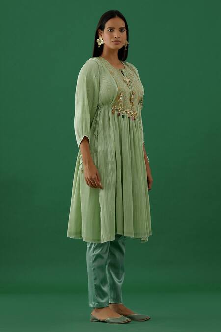 5elements Blue Anarkali Pleated Polyester Mix And Silk Yoke Embroidered & Pant Set Online at Aza Fashions 5elements_Blue Anarkali Pleated Polyester Mix And Silk Yoke Embroidered & Pant Set _Online_at_Aza_Fashions