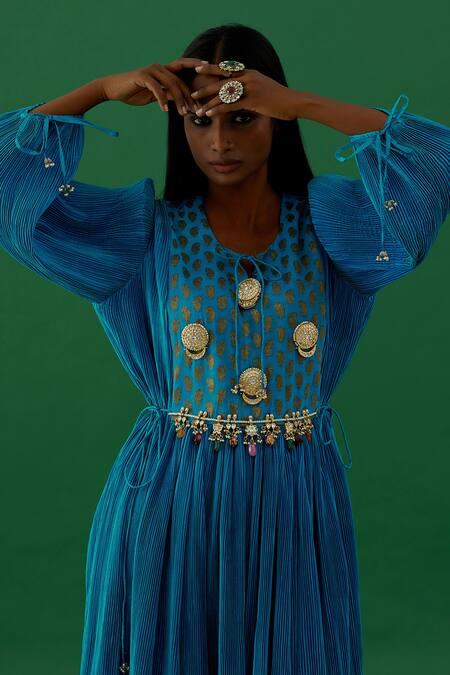 Shop_5elements_Blue Anarkali  Pleated Polyester Mix And Silk Yoke Pearl Embroidered & Pant Set _Online_at_Aza_Fashions