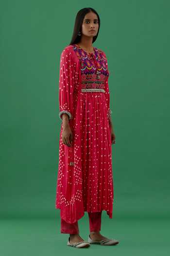 Shop_5elements_Pink Modal, Satin Embroidery Bandhani Print Hand Stitched Anarkali And Pant Set _Online_at_Aza_Fashions