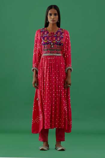 5elements_Pink Modal, Satin Embroidery Bandhani Print Hand Stitched Anarkali And Pant Set _Online_at_Aza_Fashions