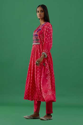 Buy_5elements_Pink Modal, Satin Embroidery Bandhani Print Hand Stitched Anarkali And Pant Set _Online_at_Aza_Fashions