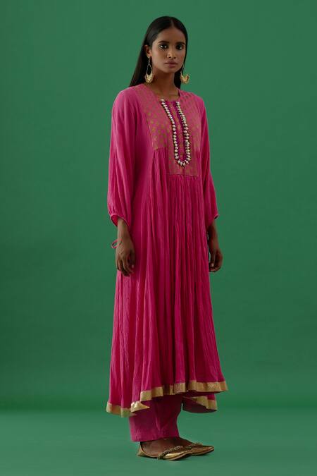Shop_5elements_Pink Cotton Embellished Ghungroo Round Hand Stitched Anarkali And Pant Set _Online_at_Aza_Fashions