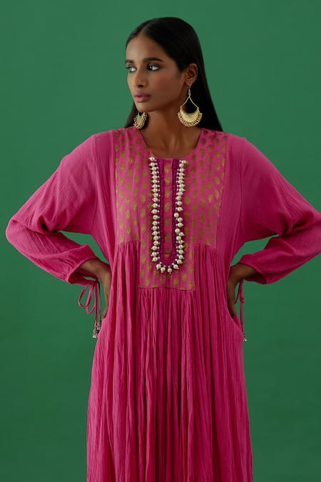 Buy_5elements_Pink Cotton Embellished Ghungroo Round Hand Stitched Anarkali And Pant Set _Online_at_Aza_Fashions