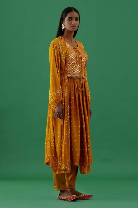 Buy_5elements_Yellow Modal, Satin Embroidery Bandhani Print Hand Stitched Anarkali And Pant Set _Online_at_Aza_Fashions