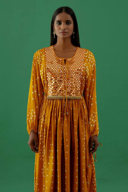 Shop_5elements_Yellow Modal, Satin Embroidery Bandhani Print Hand Stitched Anarkali And Pant Set _Online_at_Aza_Fashions