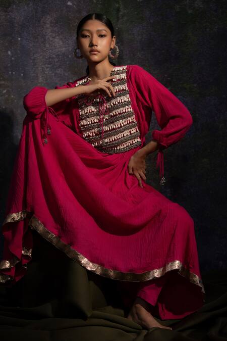 5elements Pink 100% Cotton Embellishment Shell Scoop Neck Anarkali And Pant Set Online at Aza Fashions 5elements_Pink 100% Cotton Embellishment Shell Scoop Neck Anarkali And Pant Set _Online_at_Aza_Fashions