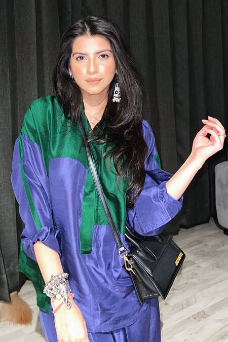 Febo6_Green Silk Collared Color Block Shirt _Online_at_Aza_Fashions