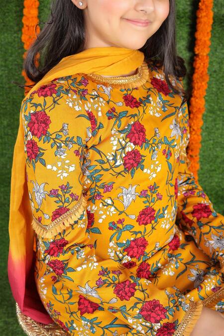 The Pony & Peony Co._Yellow Rayon Lace Floral Printed Kurta Set With Ombre Dupatta_Online_at_Aza_Fashions