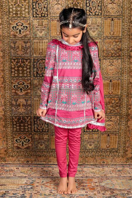 The Pony & Peony Co._Pink Silk, Cotton, Lycra Foil Printing, Gota Patti Printed Kurta Set _Online_at_Aza_Fashions