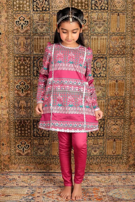 Buy_The Pony & Peony Co._Pink Silk, Cotton, Lycra Foil Printing, Gota Patti Printed Kurta Set _Online_at_Aza_Fashions