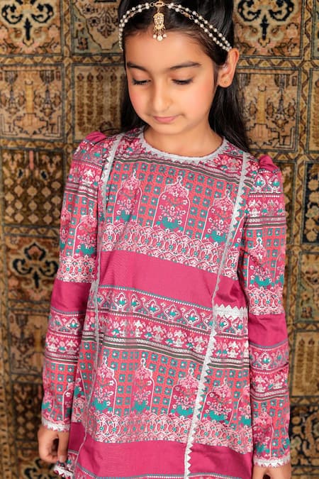 Shop_The Pony & Peony Co._Pink Silk, Cotton, Lycra Foil Printing, Gota Patti Printed Kurta Set _Online_at_Aza_Fashions