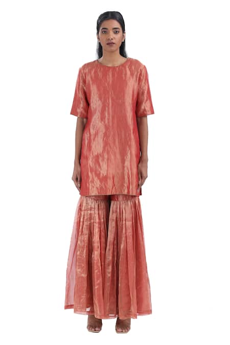 Akaaro_Red Silk Embroidery Round Neck Kurta Set With Woven Dupatta _Online_at_Aza_Fashions