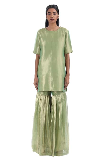 Akaaro_Green Silk Round Neck Kurta Sharara Set _Online_at_Aza_Fashions