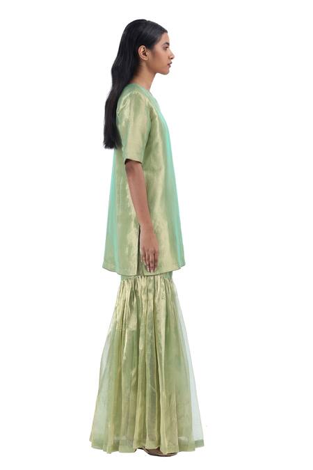 Buy_Akaaro_Green Silk Round Neck Kurta Sharara Set _Online_at_Aza_Fashions