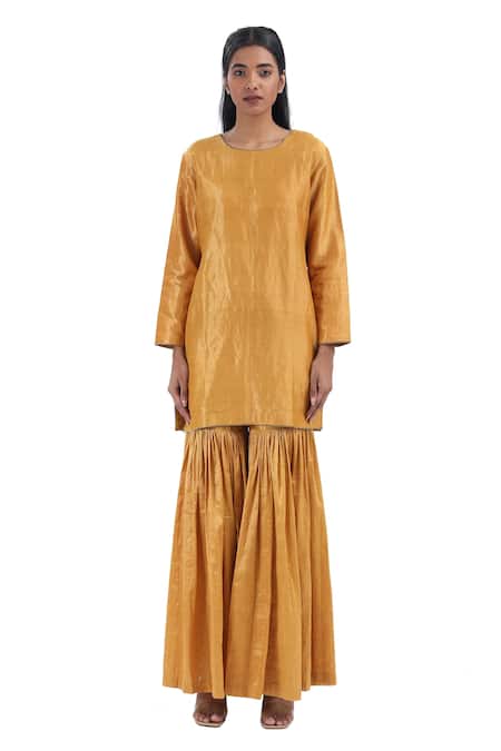 Akaaro_Yellow Silk Round Neck Full Sleeve Kurta Sharara Set _Online_at_Aza_Fashions