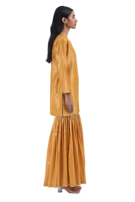 Buy_Akaaro_Yellow Silk Round Neck Full Sleeve Kurta Sharara Set _Online_at_Aza_Fashions