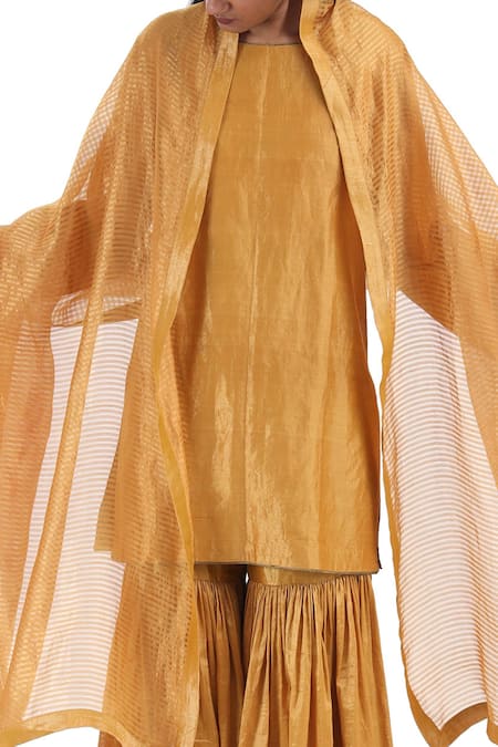 Shop_Akaaro_Yellow Silk Round Neck Full Sleeve Kurta Sharara Set _Online_at_Aza_Fashions