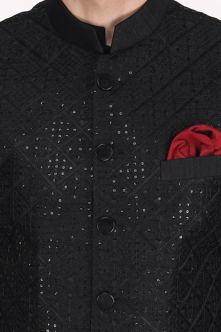 Buy_Manish Nagdeo_Black Bundi Art Silk Embroidery Thread And Kurta Set _Online_at_Aza_Fashions