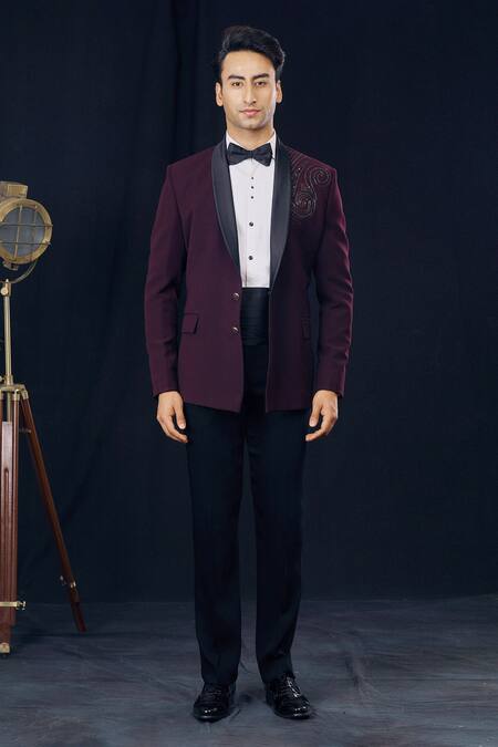 Soniya G_Maroon Italian Crepe Embroidered Tuxedo And Pant Set _Online_at_Aza_Fashions