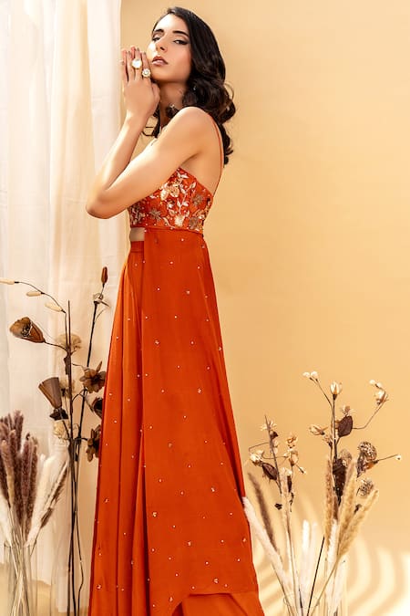 Silky Bindra Orange Crepe, Shantoon, Tulle Net V Neck Embroidered Top And Pant Set Online at Aza Fashions Silky Bindra_Orange Crepe, Shantoon, Tulle Net V Neck Embroidered Top And Pant Set _Online_at_Aza_Fashions