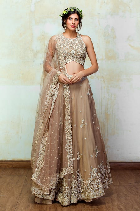 Izzumi Mehta Beige Lehenga And Blouse Organza Dupatta Net Round Embroidered Bridal Set 