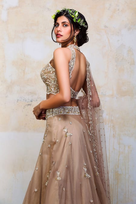 Shop_Izzumi Mehta_Beige Lehenga And Blouse Organza Dupatta Net Round Embroidered Bridal Set _at_Aza_Fashions