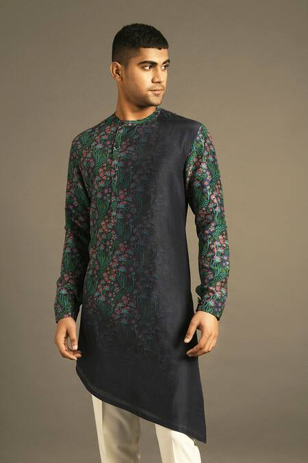 Buy Dhruv Vaish Blue Cotton Silk Chanderi Kurta And Pant Set Online at Aza Fashions Buy_Dhruv Vaish_Blue Cotton Silk Chanderi Kurta And Pant Set _Online_at_Aza_Fashions