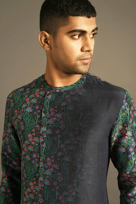 Shop Dhruv Vaish Blue Cotton Silk Chanderi Kurta And Pant Set Online at Aza Fashions Shop_Dhruv Vaish_Blue Cotton Silk Chanderi Kurta And Pant Set _Online_at_Aza_Fashions