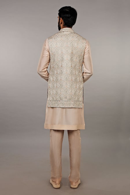Shop_Vanshik_Grey Embroidered Bundi And Kurta Set _at_Aza_Fashions