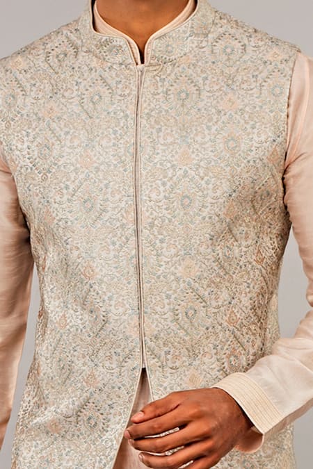 Buy_Vanshik_Grey Embroidered Bundi And Kurta Set _Online_at_Aza_Fashions
