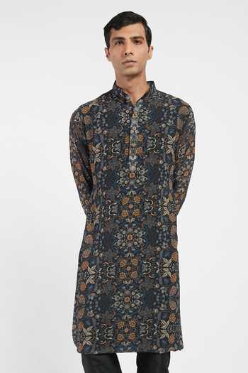 Rabani & Rakha_Black Kurta Georgette Pant Cotton Silk Floral Print Set _Online_at_Aza_Fashions
