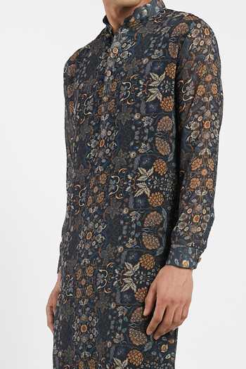 Buy_Rabani & Rakha_Black Kurta Georgette Pant Cotton Silk Floral Print Set _Online_at_Aza_Fashions
