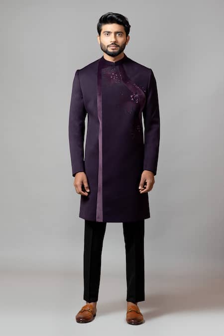 PAARSH_Purple Velvet, Suiting Overlap Sherwani And Pant Set _Online_at_Aza_Fashions