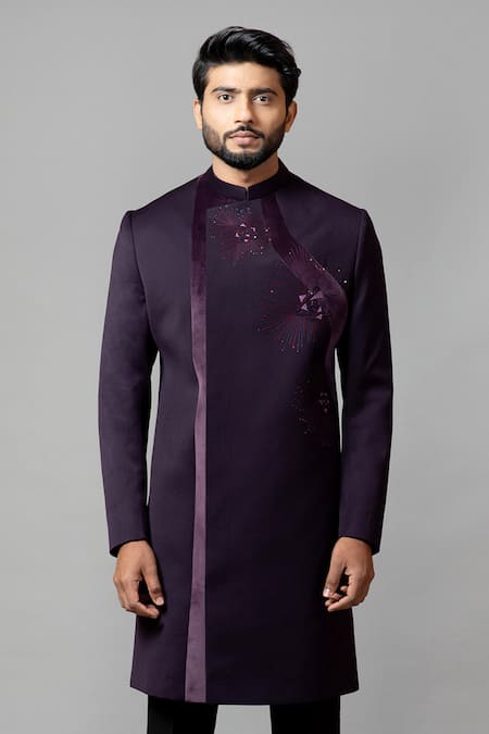 Buy_PAARSH_Purple Velvet, Suiting Overlap Sherwani And Pant Set _Online_at_Aza_Fashions