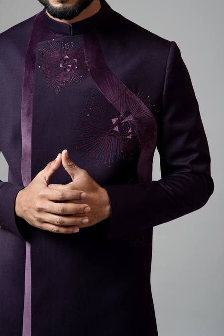 Shop_PAARSH_Purple Velvet, Suiting Overlap Sherwani And Pant Set _Online_at_Aza_Fashions