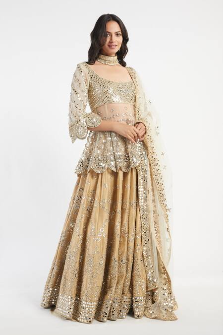 Abhinav Mishra_Beige Lehenga And Dupatta Net Blouse Raw Silk U Neck Peplum & Set_Online_at_Aza_Fashions