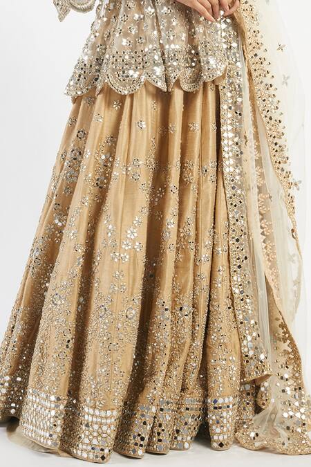 Shop_Abhinav Mishra_Beige Lehenga And Dupatta Net Blouse Raw Silk U Neck Peplum & Set_Online_at_Aza_Fashions